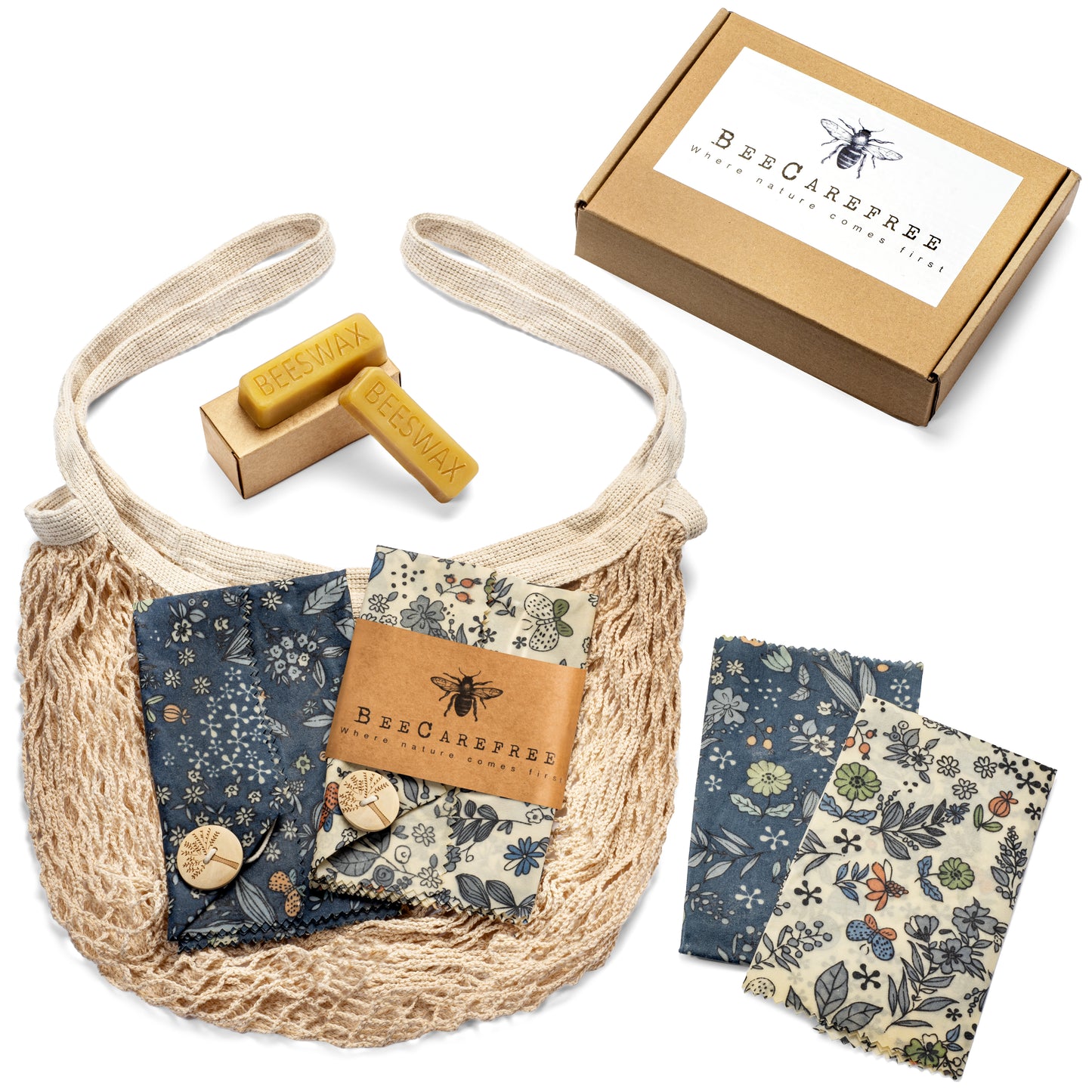 Reusable Beeswax Wraps 4-pack with Produce bag and 2 Beeswax bars