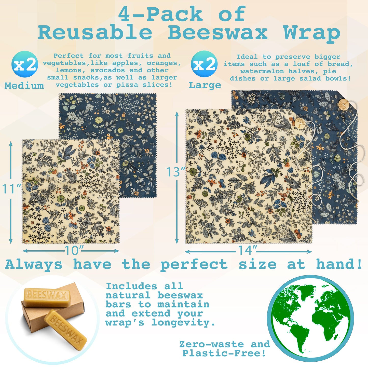 Reusable Beeswax Wraps 4-pack with Produce bag and 2 Beeswax bars