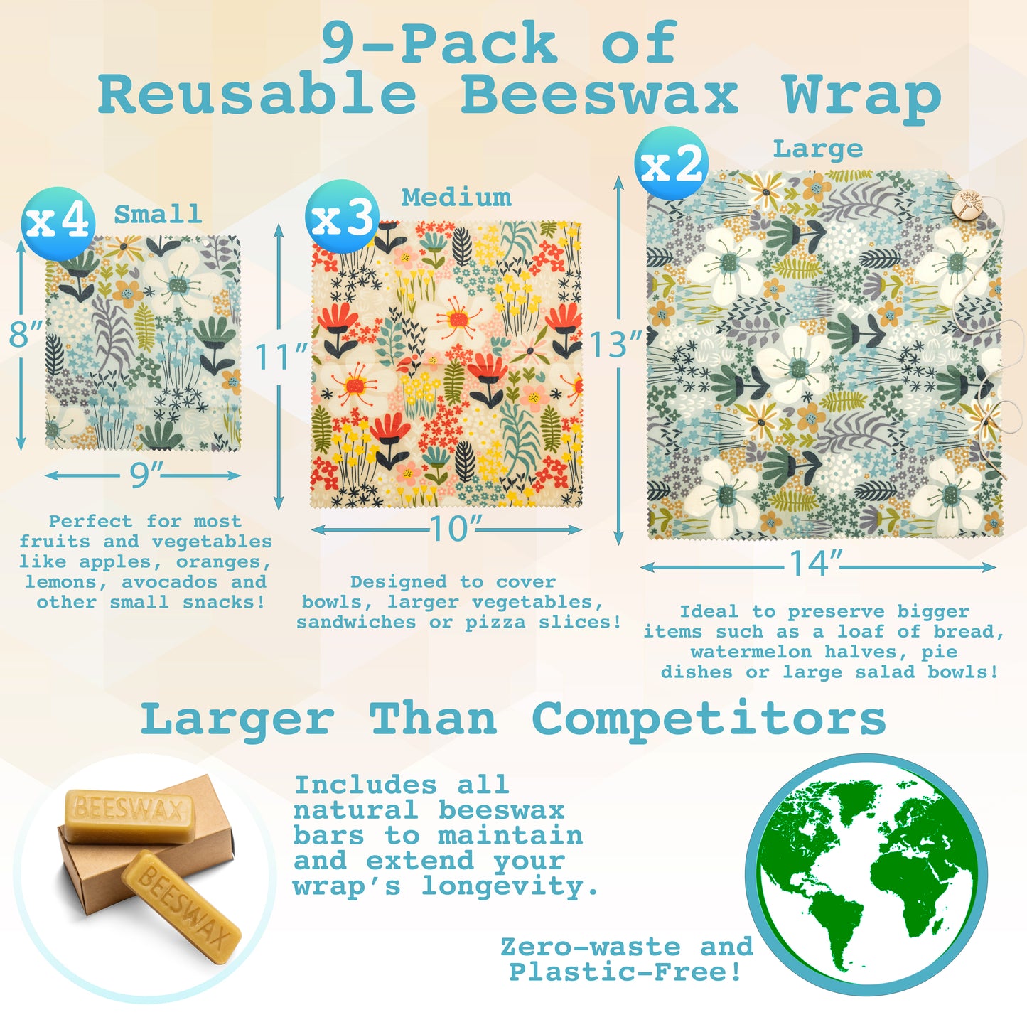 Reusable Beeswax Wraps 9-pack with Produce bag and 2 Beeswax Bars