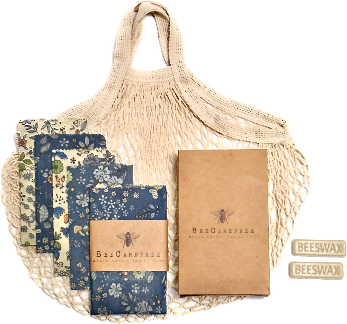 Reusable Beeswax Wraps 4-pack with Produce bag and 2 Beeswax bars