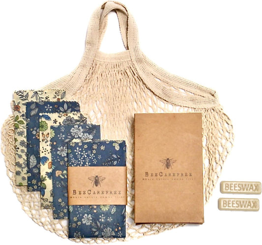 Reusable Beeswax Wraps 4-pack with Produce bag and 2 Beeswax bars