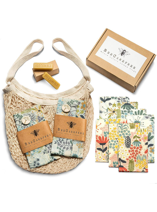 Reusable Beeswax Wraps 9-pack with Produce bag and 2 Beeswax Bars
