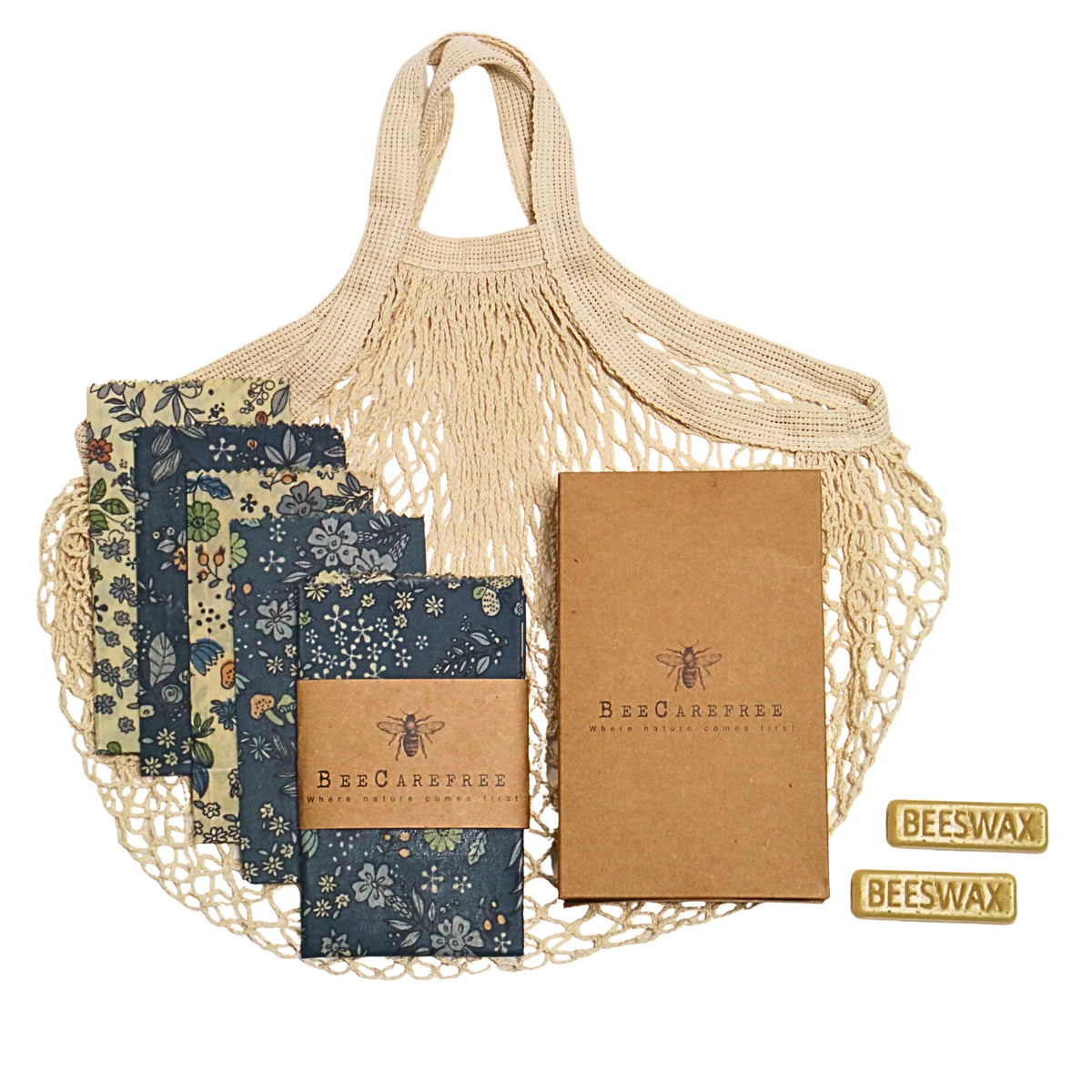 Reusable Beeswax Wraps 4-pack with Produce bag and 2 Beeswax bars